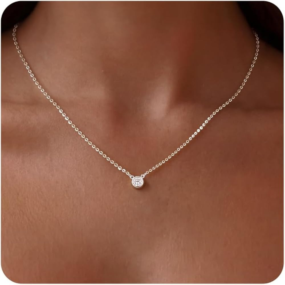 Tewiky Dainty 14k Gold Plated/Silver Cubic Zirconia Necklaces for Women, Simple CZ Jewelry Neckla... | Amazon (US)