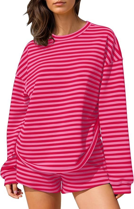 MISSACTIVER Women's Striped Lounge Set Long Sleeve Tee Shirts Drawstring Wide Leg Shorts Matching... | Amazon (US)