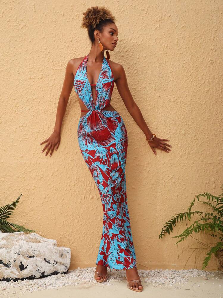 JIAN LASALA Women Multicolor Long Dresses Boho Halter Sleeveless Tropical Cut Out Knot Backless S... | SHEIN