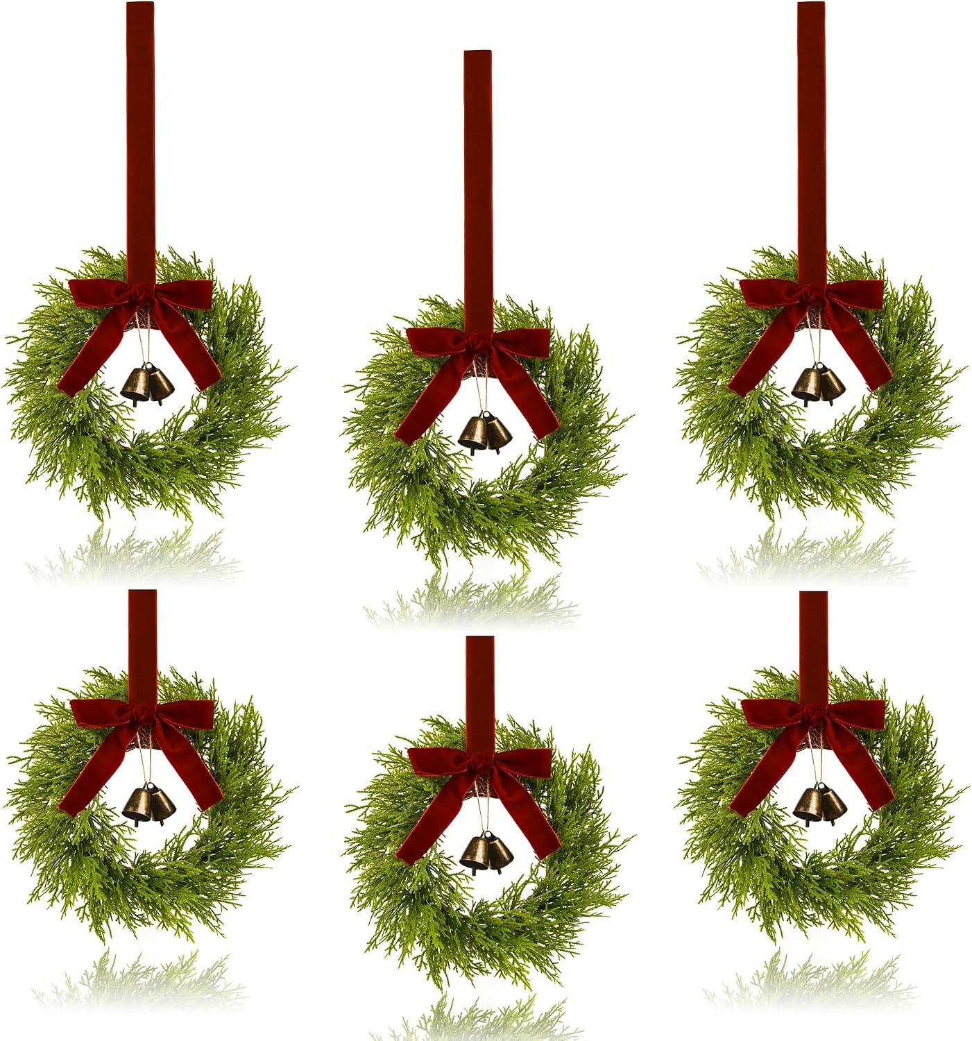6Pcs Mini Christmas Cedar Wreath, 12 Inch Small Wreaths for Kitchen Cabinets, with Deep Red Bow Vintage Bells Pine and Cypress Leaves for Fireplace Window Farmhouse Indoor Home Decorations | Amazon (US)
