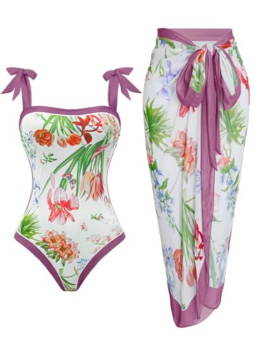 Womens One Piece Swimsuit with Cover Up Sarong Wrap Floral Bathing Suits 1 Piece Swim Suit with B... | Amazon (US)