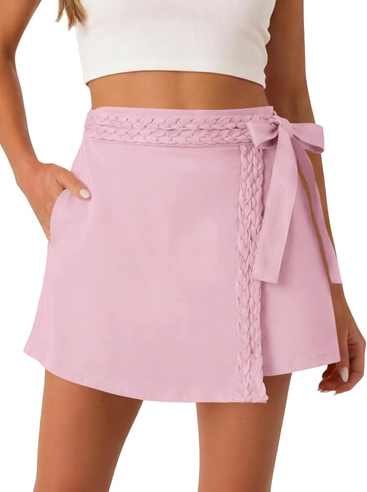 Tankaneo Womens Wrap Mini Skirt Skort Summer Casual Braided High Waisted Bow Tie Skirt Shorts wit... | Amazon (US)