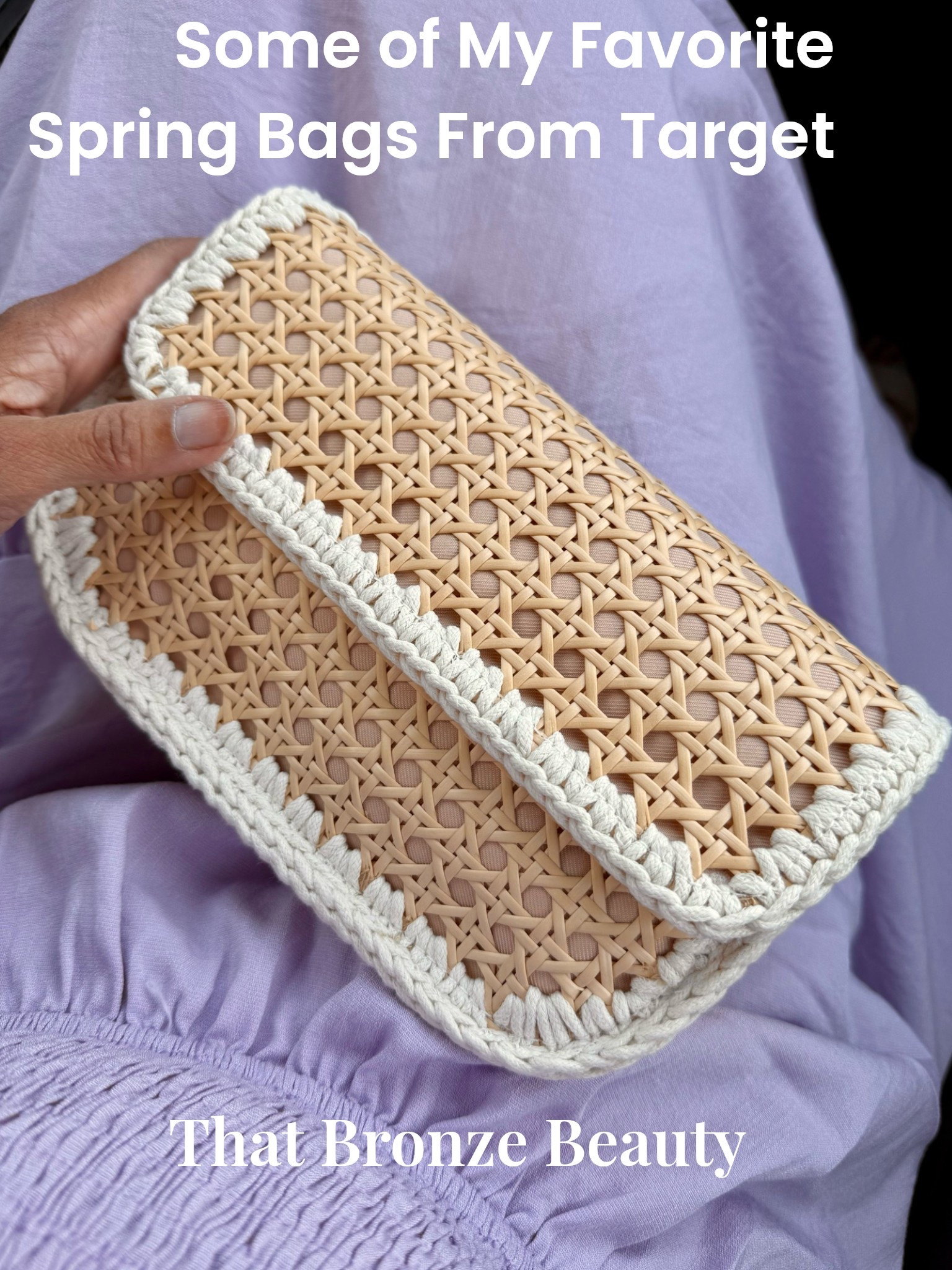 The caning on this bag captured my heart. I really love the texture for spring and it’s so neutral. It goes with everything. Because it’s fully lined. Nothing falls out and there’s a chain if I wanna wear it Crossbody instead of clutch. I’m sharing some of my favorite bags for spring from Target.

#LTKU #LTKOver40 #LTKmomlife