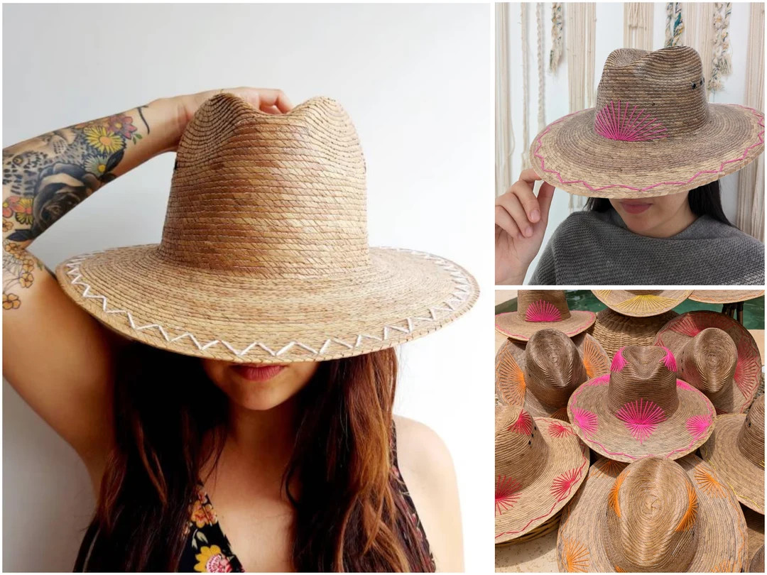 Mexican Straw Hat With Embroidered Decoration - Etsy | Etsy (US)
