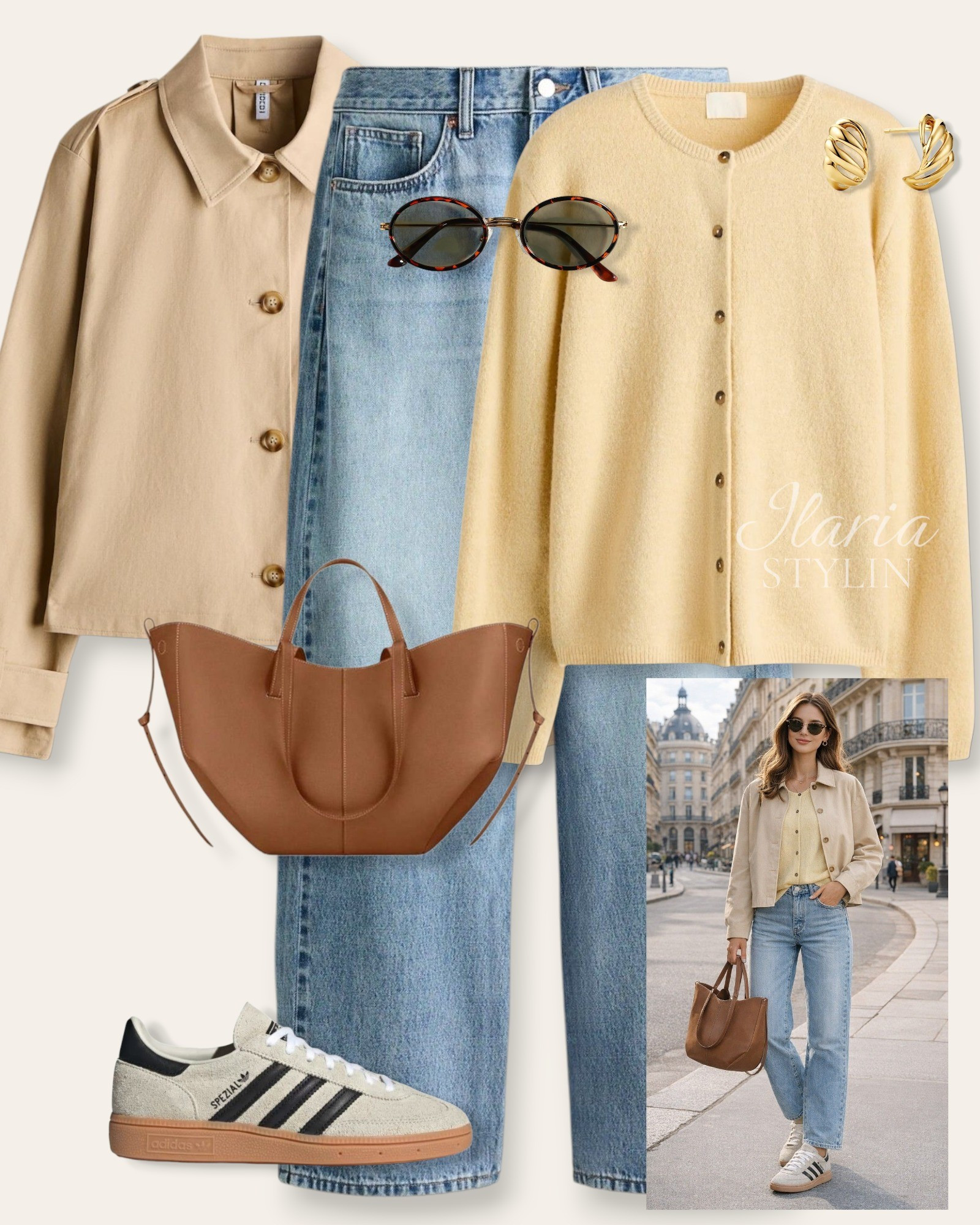 Soft butter tones & classic denim 💛✨ Light layers, vintage sneakers, and warm caramel details — effortless chic with a golden glow.


outfit ideas, beige jacket, trench-look jacket, cotton jacket, light yellow cardigan, loose-fit cardigan, gray sweater, washed blue jeans, barrel jeans, adidas spezial, suede sneakers, camel bag, tote bag, shopper bag, casual outfit, casual chic outfit

#LTKootd #LTKSeasonal