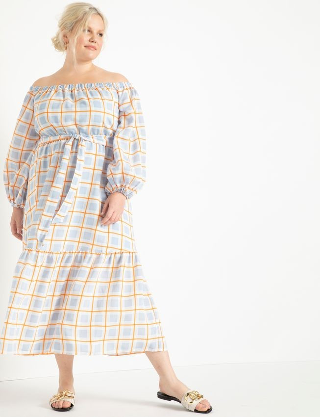 Off the Shoulder Maxi Dress - Checks and Balances | Eloquii