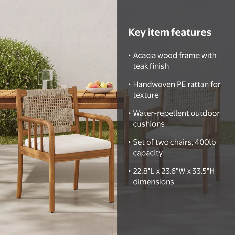 Christopher Knight Home Outdoor Dining Chairs with Rattan Back, Teak Wood Frame, Cream Cushions, ... | Walmart (US)