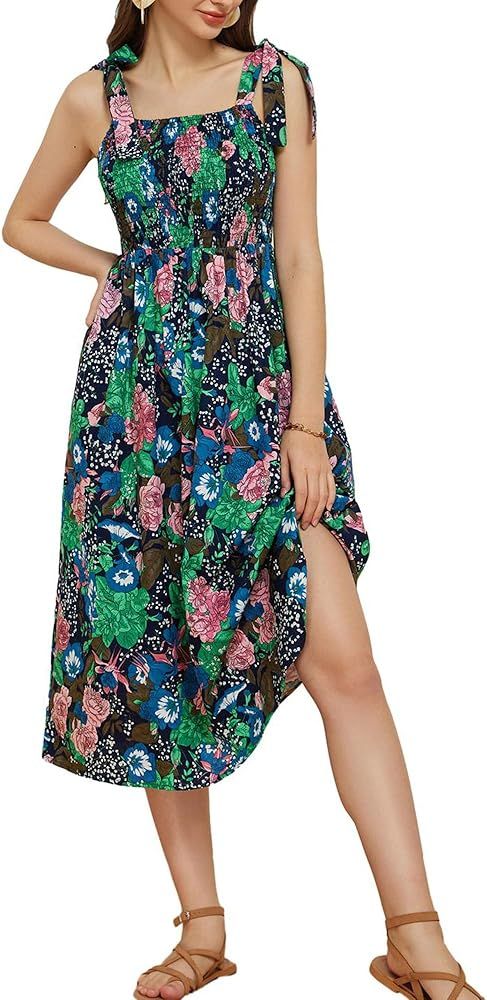GRACE KARIN 2024 Summer Sundresses Tie Spaghetti Straps Sleeveless Smocked Floral Print Flowy Boh... | Amazon (US)