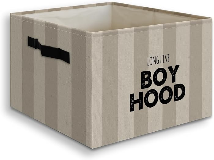 Long Live Boyhood Foldable Storage Bins Box with Handles, Neutral Beige Striped Collapsible Organ... | Amazon (US)