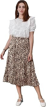 Womens Chic Elastic High Waisted A Line Leopard Print Pleated Shirring Midi-Long Skirt | Amazon (US)