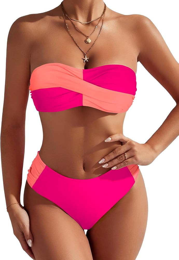 ZAFUL Women's Strapless Twist Bandeau Bikini 2 Piece Swimwear Cheeky Solid Lace up Bathing Suits | Amazon (US)