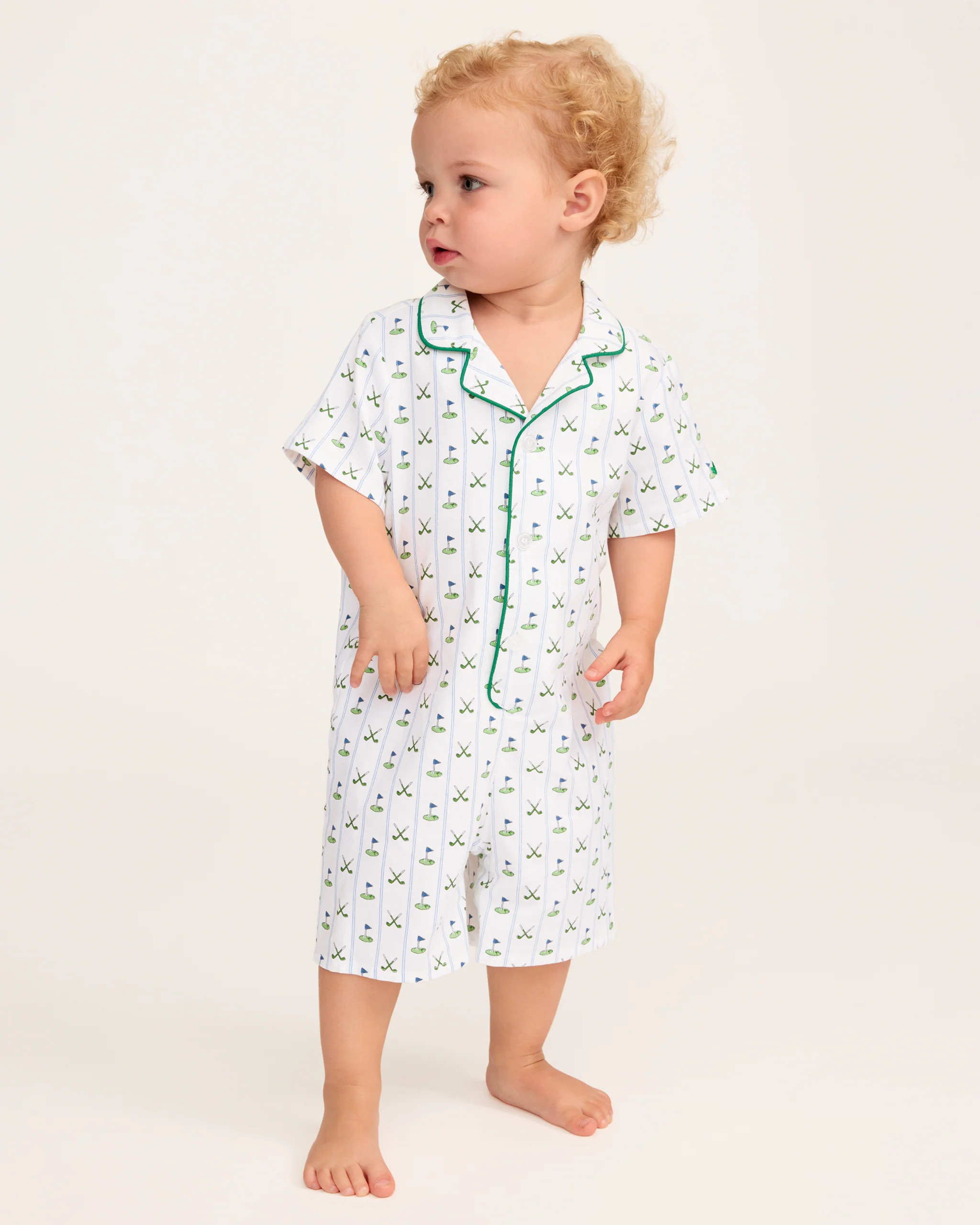 Baby's Twill Summer Romper in Fairway Stripe | Petite Plume