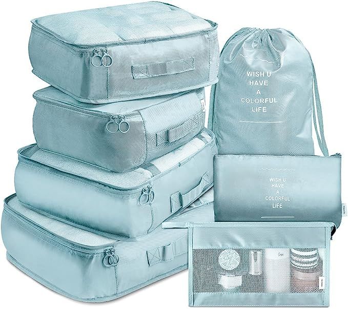 Packing Cubes 7 Pcs Travel Luggage Packing Organizers Set with Toiletry Bag (Pale blue) | Amazon (US)