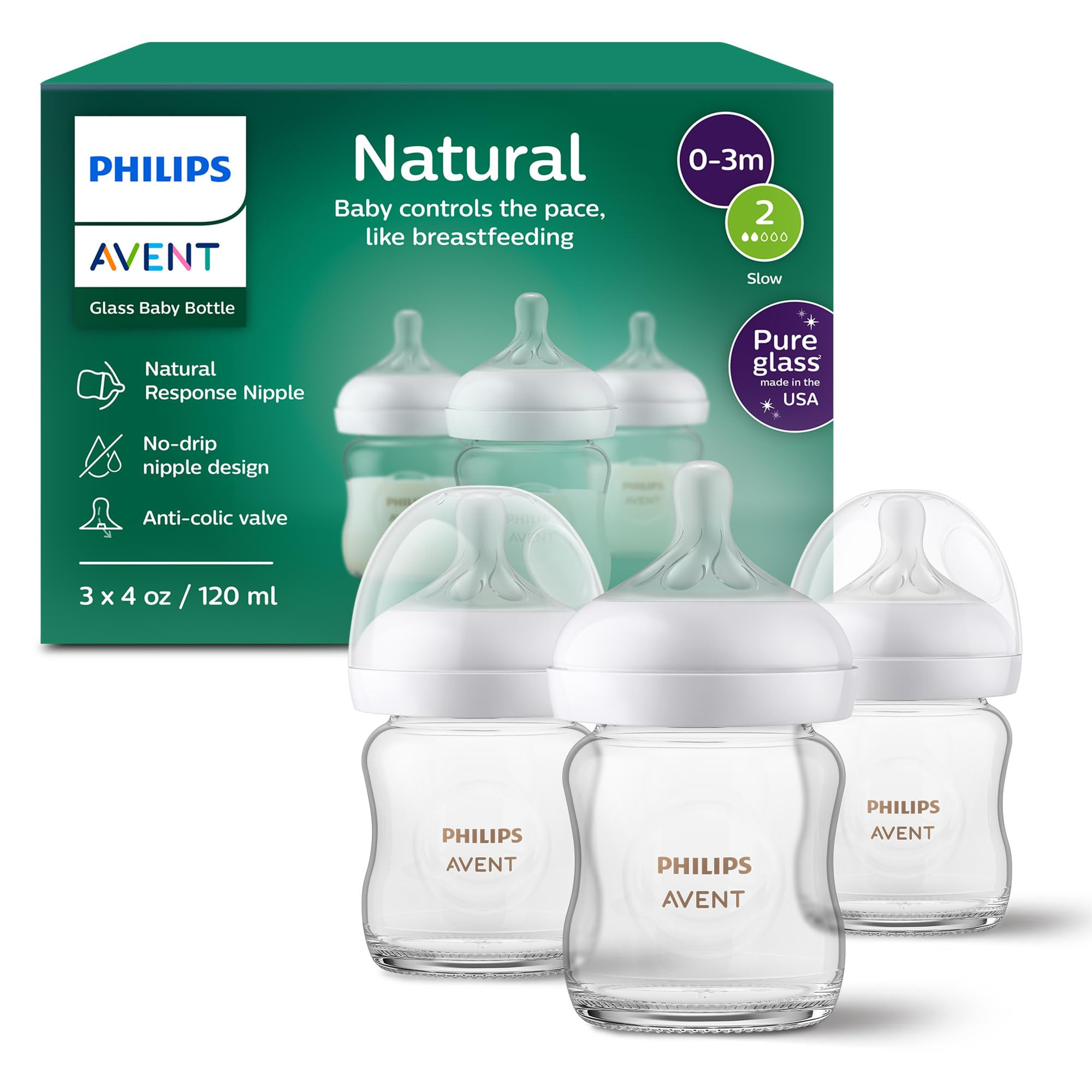 Philips Avent Natural Glass Baby Bottles with Natural Response Nipples (Slow Flow, Flow 2), 4oz, ... | Amazon (CA)