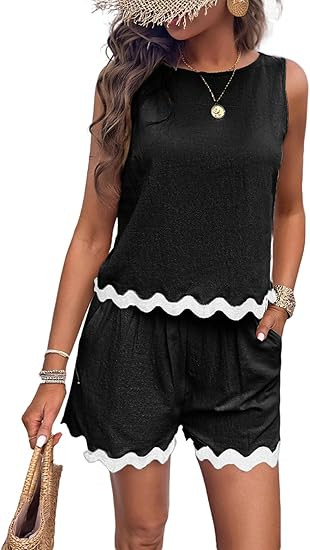 Perbai Womens Summer 2 Piece Beach Vacation Outfits Crew Neck Cropped Tank Top Shorts Matching Se... | Amazon (US)