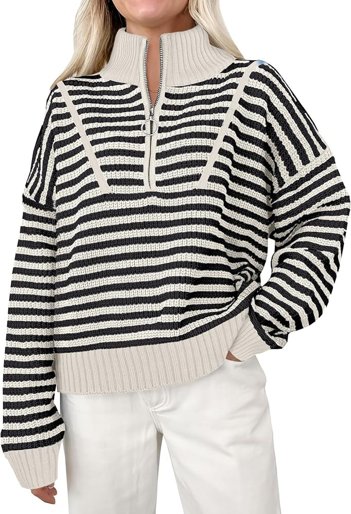 ANRABESS Womens Striped Sweater Half Zip Ribbed Pullover Tops Long Sleeve Casual Knit Sweaters 20... | Amazon (US)