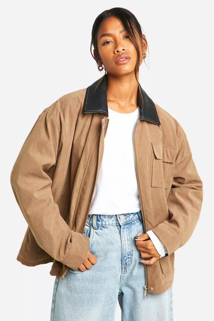 Contrast Collar Oversized Barn Jacket | boohoo (US & Canada)