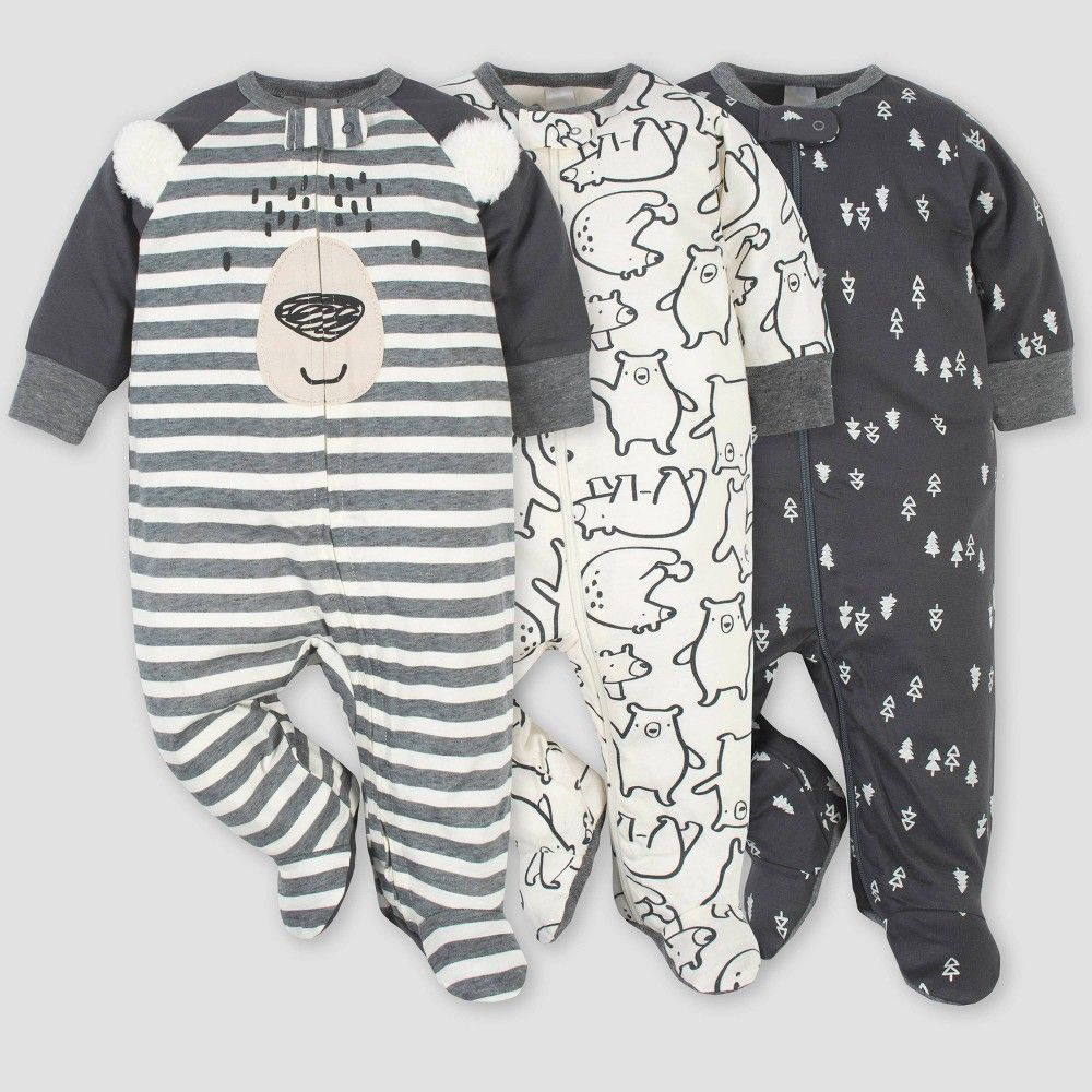 Gerber Baby Boys' 3pk Bear Zip-Front Sleep N' Play - Gray 0-3M | Target