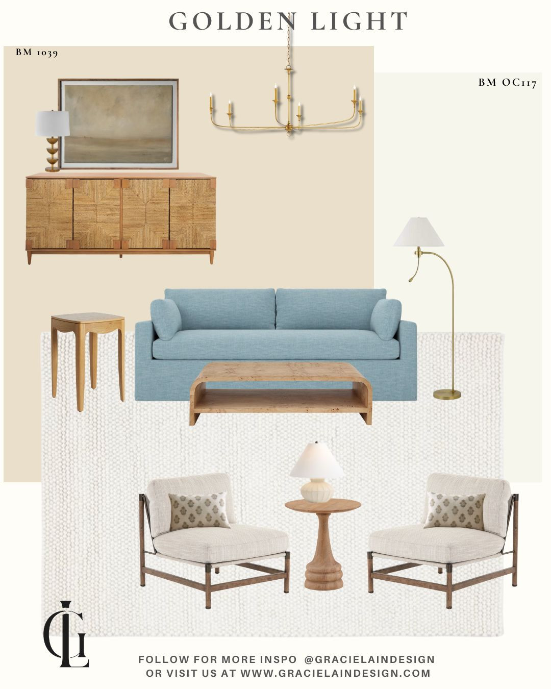 Golden hour, all day long ✨
This living room is wrapped in a soft, sunlit glow—where warm tones meet quiet calm. A muted blue sofa anchors the space, layered with a textured rug underfoot and surrounded by light woods and brushed brass that catch the light just enough. Linen chairs invite you in, subtle patterns keep the eye wandering, and the art whispers instead of shouts.

It’s the kind of room that asks nothing of you—just to sit back, breathe deeper, and stay a little longer. The glow lingers, the mood softens, and everything feels just right.

Come unwind in the warmth.

#GoldenHourLiving #SereneSpaces #SoftModern #WarmMinimalism #InteriorInspo #CalmHome #LayeredLiving #NeutralPalette #DesignDetails #RelaxedLuxury #CozyAesthetic #ModernSanctuary #HomeStyling #GracielainDesign

Explore more at gracielaindesign.com 

 #LTKHome #LTKSaleAlert