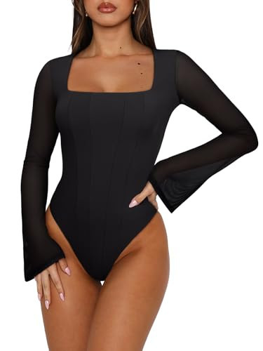 REORIA Women's Fall Fashion 2025 Cute Basic Square Neck Thong Bodysuit Long Sleeve Sheer Mesh Double Lined Trendy Y2K Going Out Leotard Tops Black Onyx XX-Large | Amazon (US)