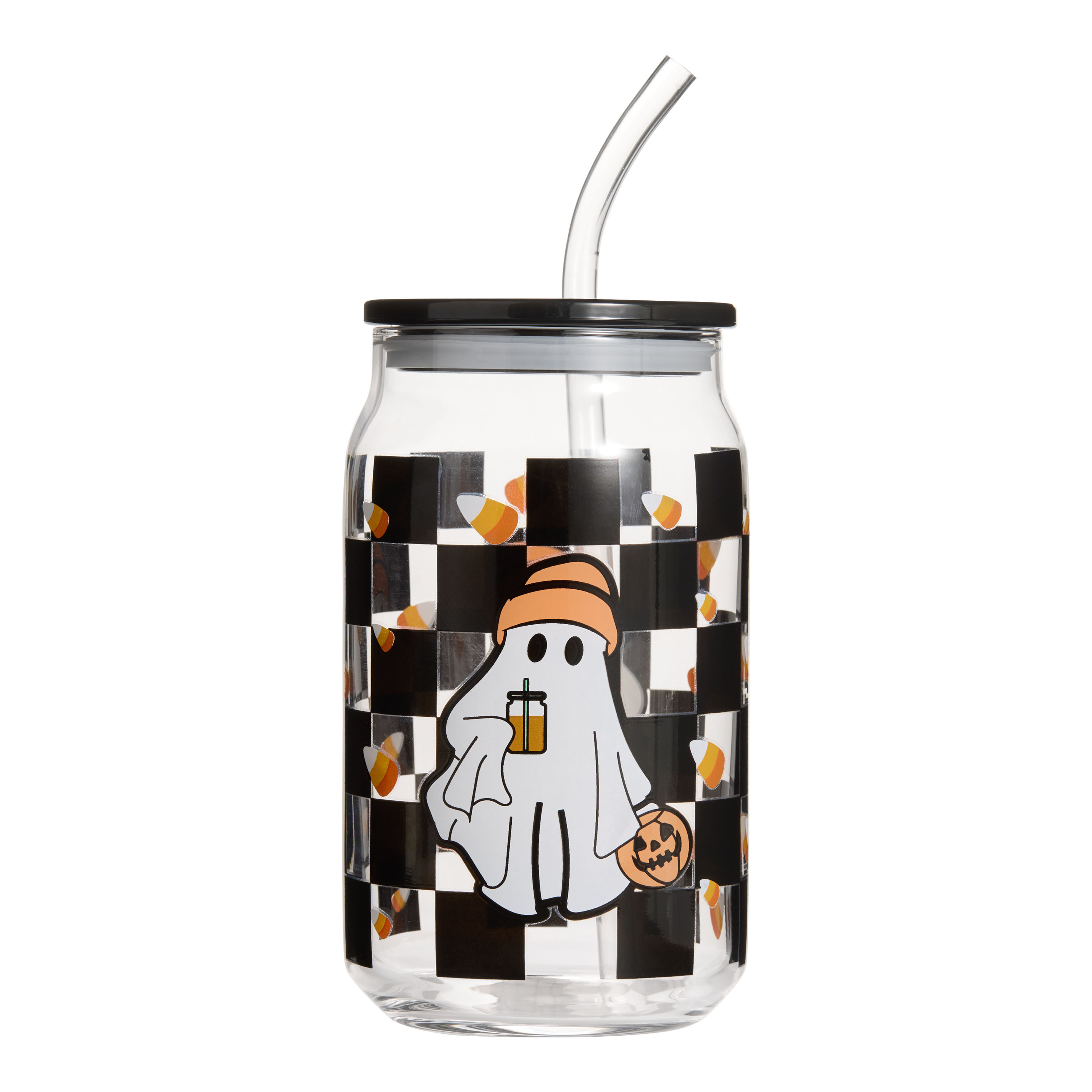 Checkered Beanie Ghost Glass To Go Tumbler with Straw | World Market