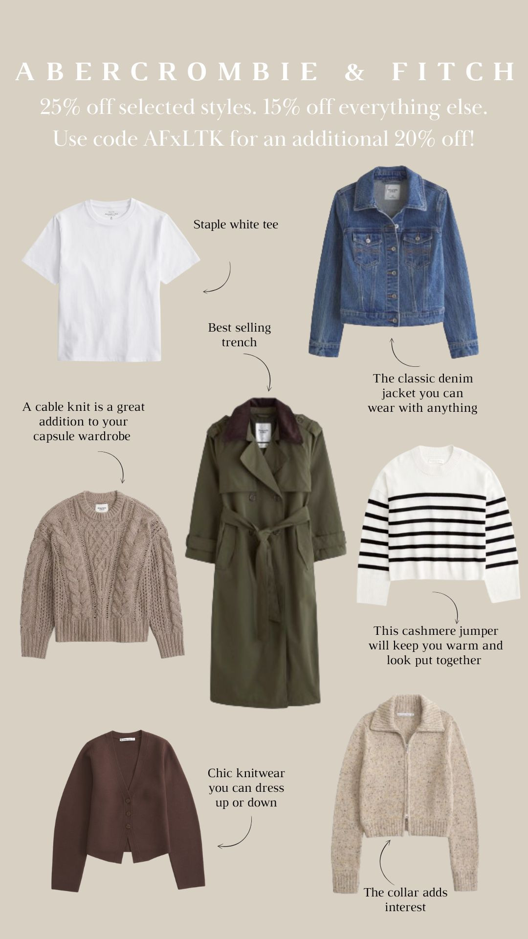 Abercrombie & Fitch Top Picks 🤎 - 25% off sweatshirts & sweatpants and 15% off everything else on site. - Use code AFxLTK to get an extra 20% off already reduced prices for U.K shoppers Autumn Style, Autumn Fashion, Outfit Inspiration, Jeans, Tailored Trousers, Trench Coat, Stripe Cashmere Knit, Denim Jacket 

 #LTKuk #LTKautumn #LTKwinter