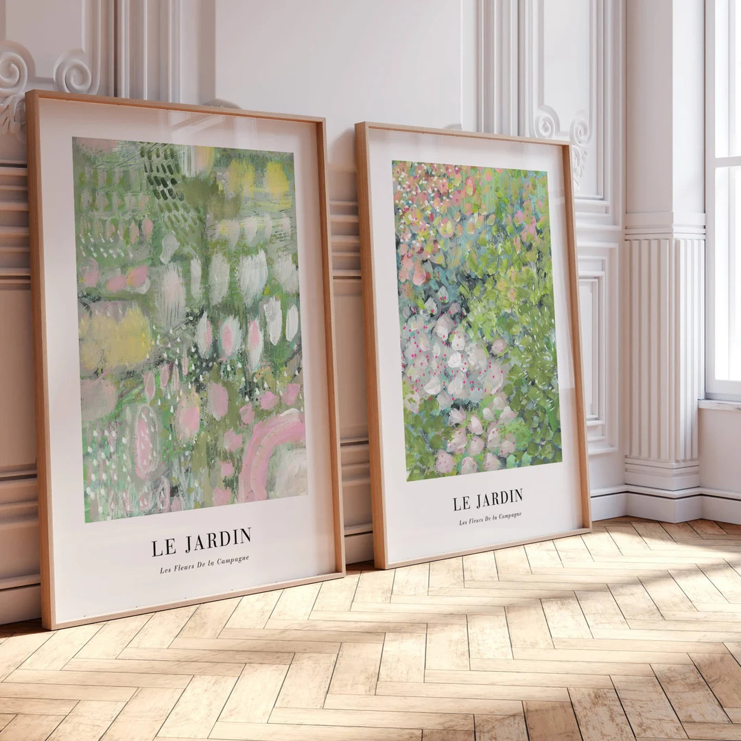 Le Jardin Botanical Wall Art, Set of 2 Prints, Flower Market, Pink and Green Decor, Abstract Pain... | Etsy (US)