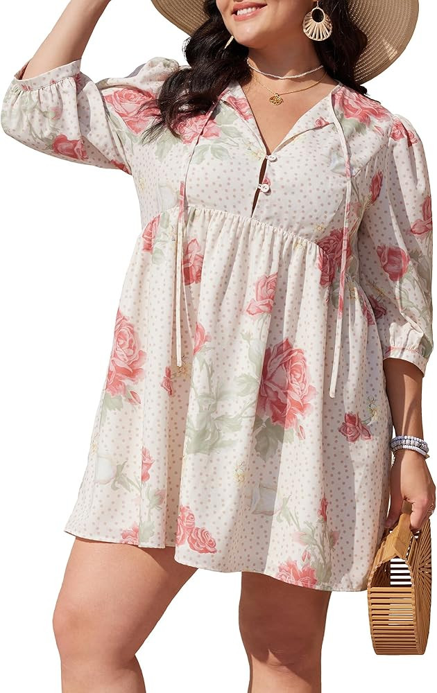 Plus Size Floral Dress 3/4 Sleeve Flowy Mini Dress Boho Beach Vacation Cute Babydoll Dresses | Amazon (US)