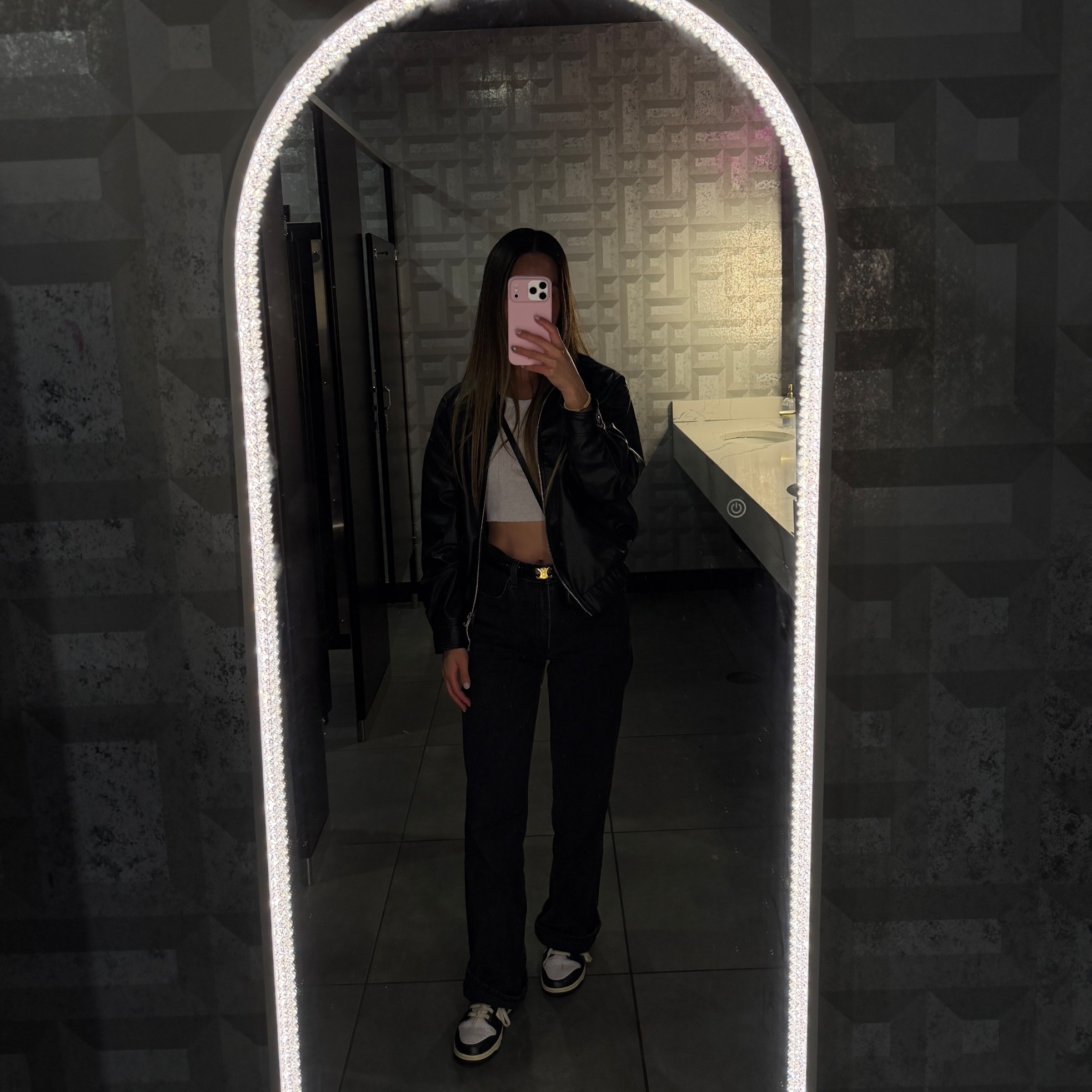 Aritzia Black denim, Zara leather jacket, Celine mini triomph bag, casual look of the day, night out outfit, Nike dunks 

#LTKGiftGuide #LTKStyleTip #LTKItBag