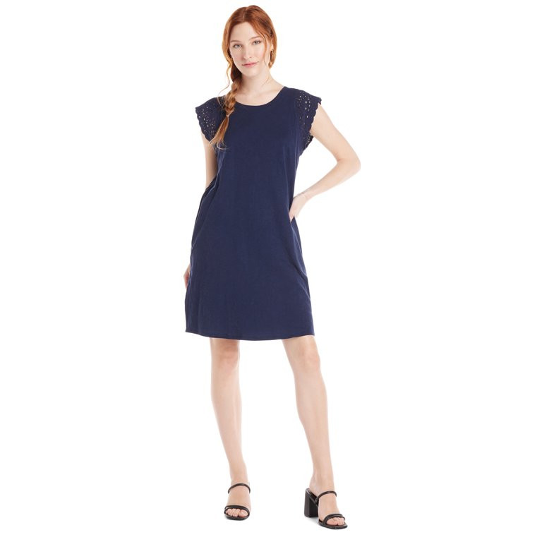 Time and Tru Women's Cotton Knit Dress with Crochet Sleeves | Walmart (US)