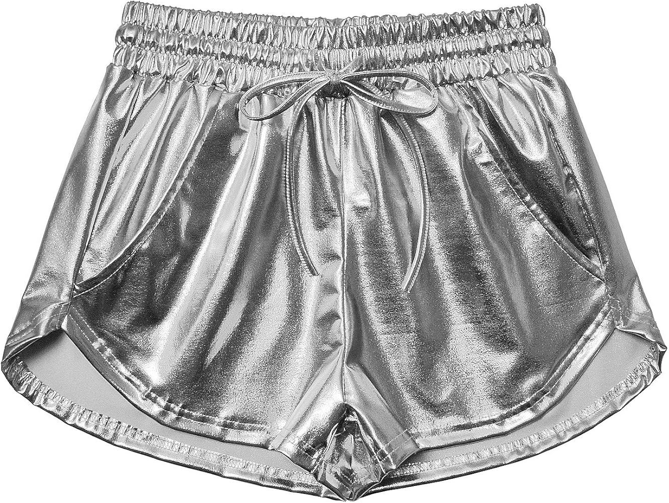 Women's Metallic Shorts Yoga Shiny Sparkly Hot Drawstring Outfit Short Pants | Amazon (US)