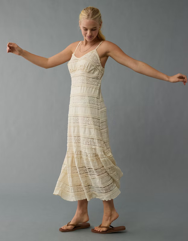 AE Lace V-Neck Tiered Midi Dress | American Eagle Outfitters (US & CA)