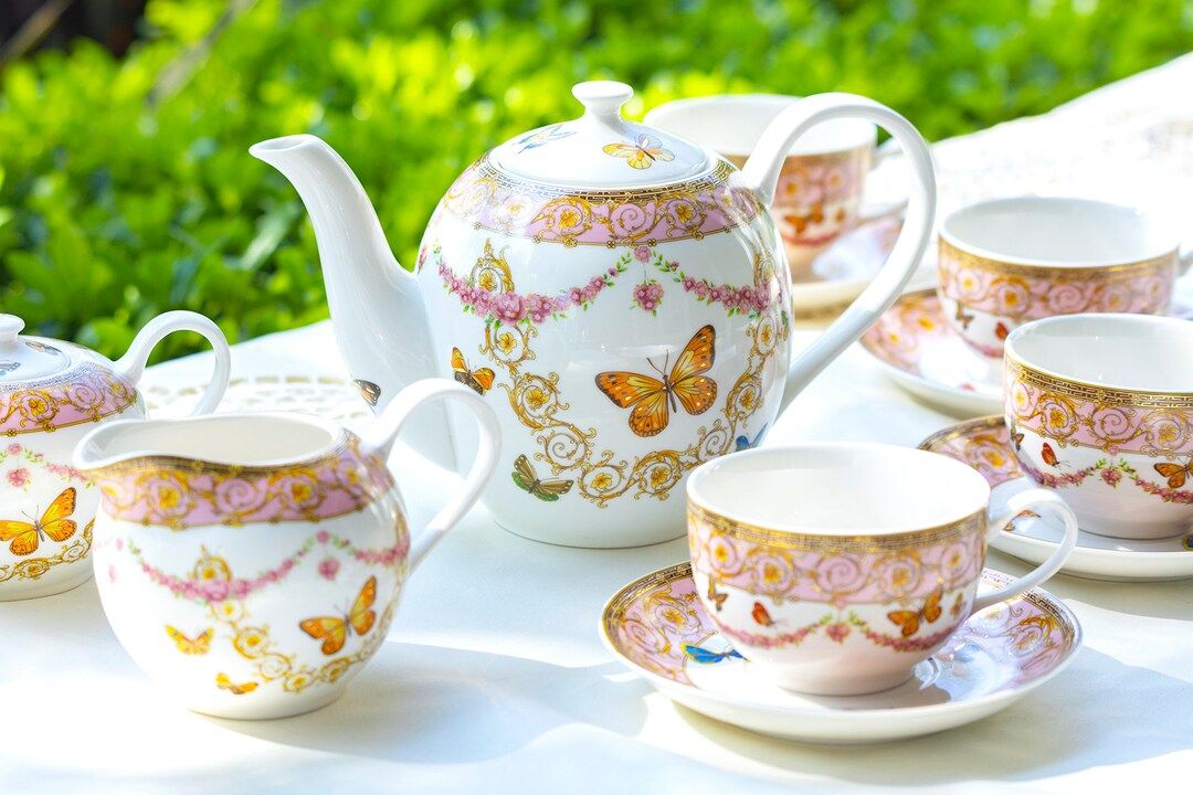 Butterflies with Pink Ornament 11-Piece Fine Porcelain Tea Set, Grace Teaware | Etsy (US)