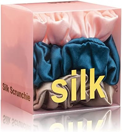 Silk Scrunchies for Hair 100% Mulberry Silk Hair Ties 3 Pack(Pink, Peacock Blue, Apricot) | Amazon (US)