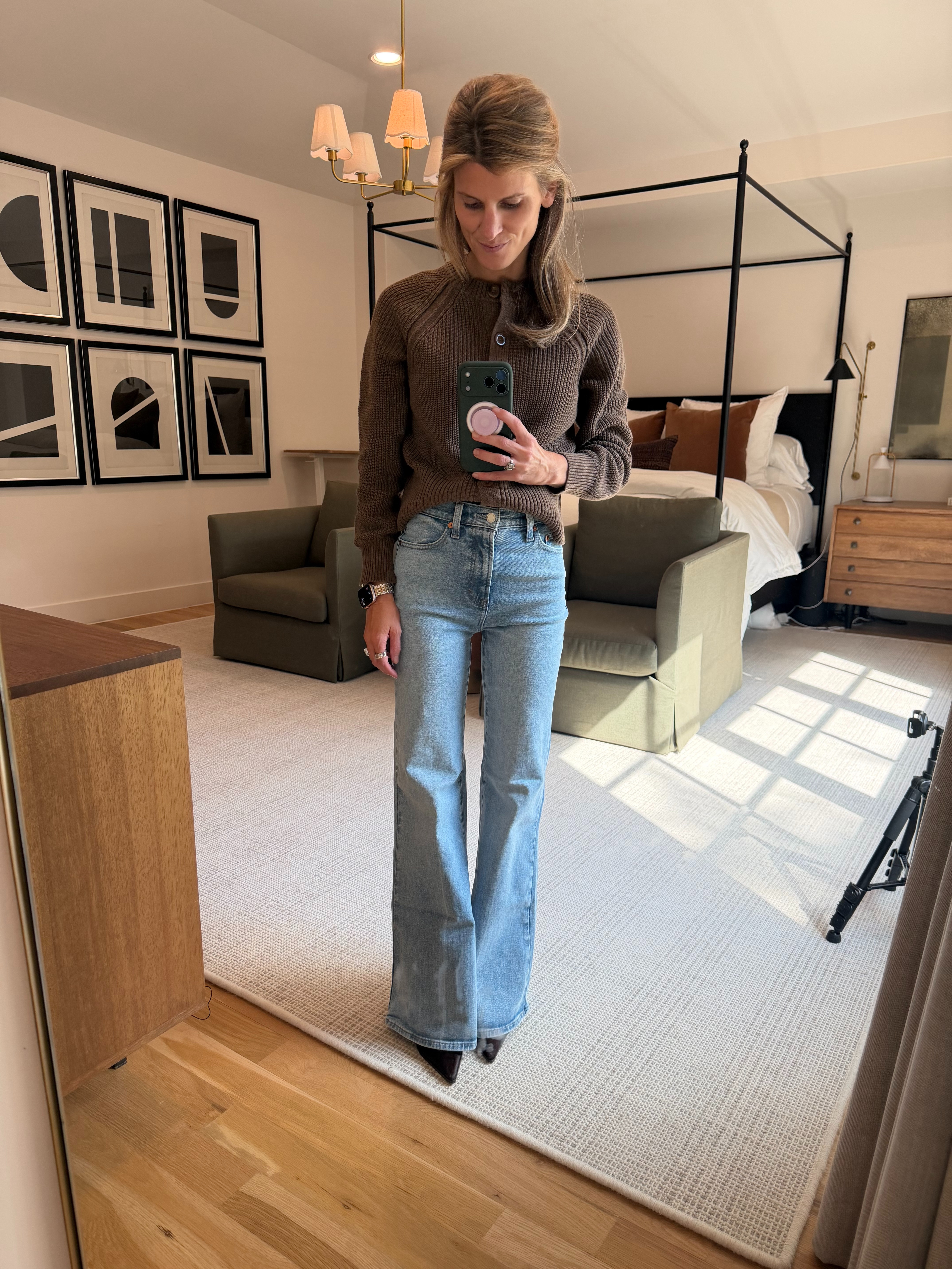 high-waisted Target jeans with fall cardigan on sale!! (wearing XS) 

 