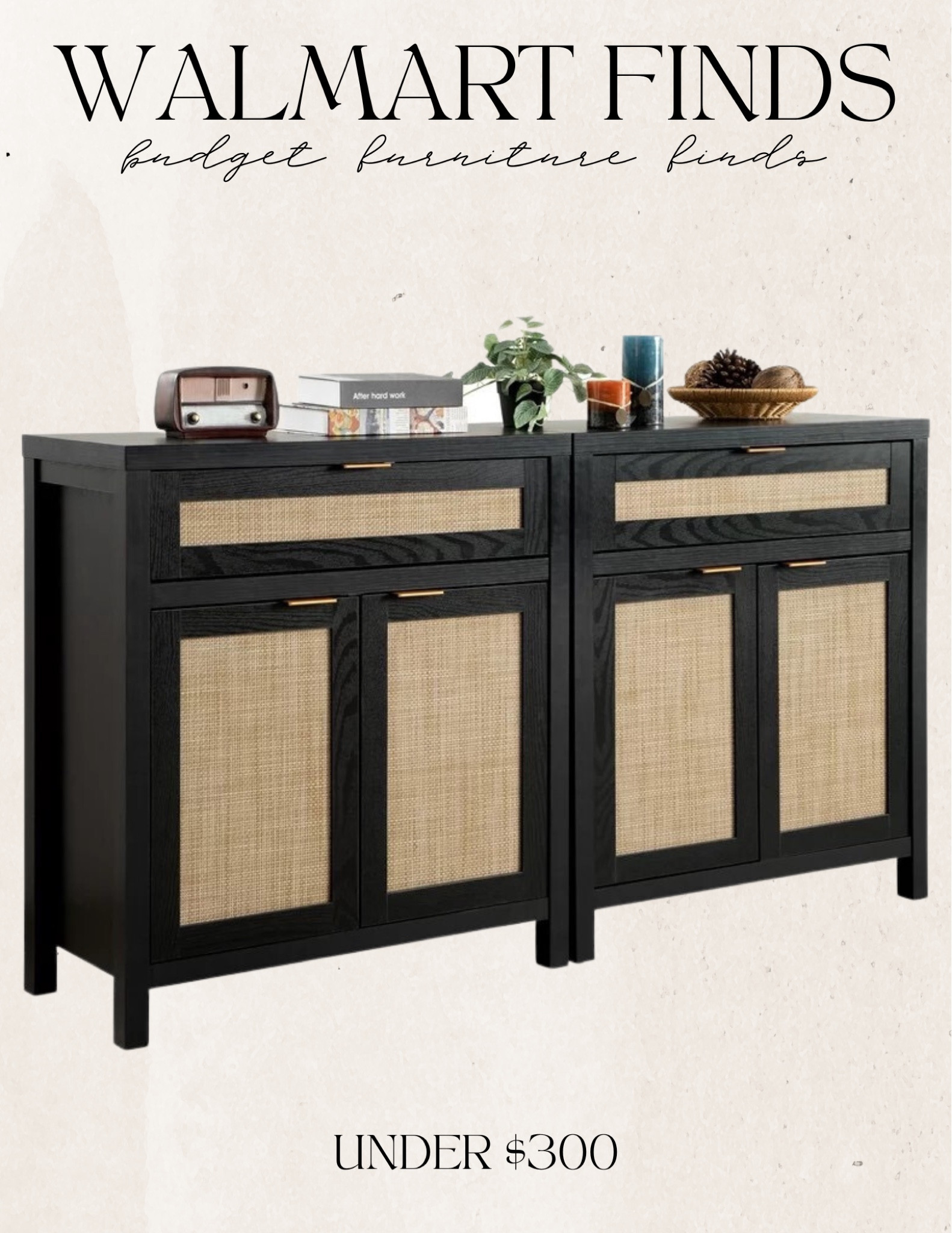 Ashlar Black Wood and Faux Cane Storage Cabinet with Drawers by World Market