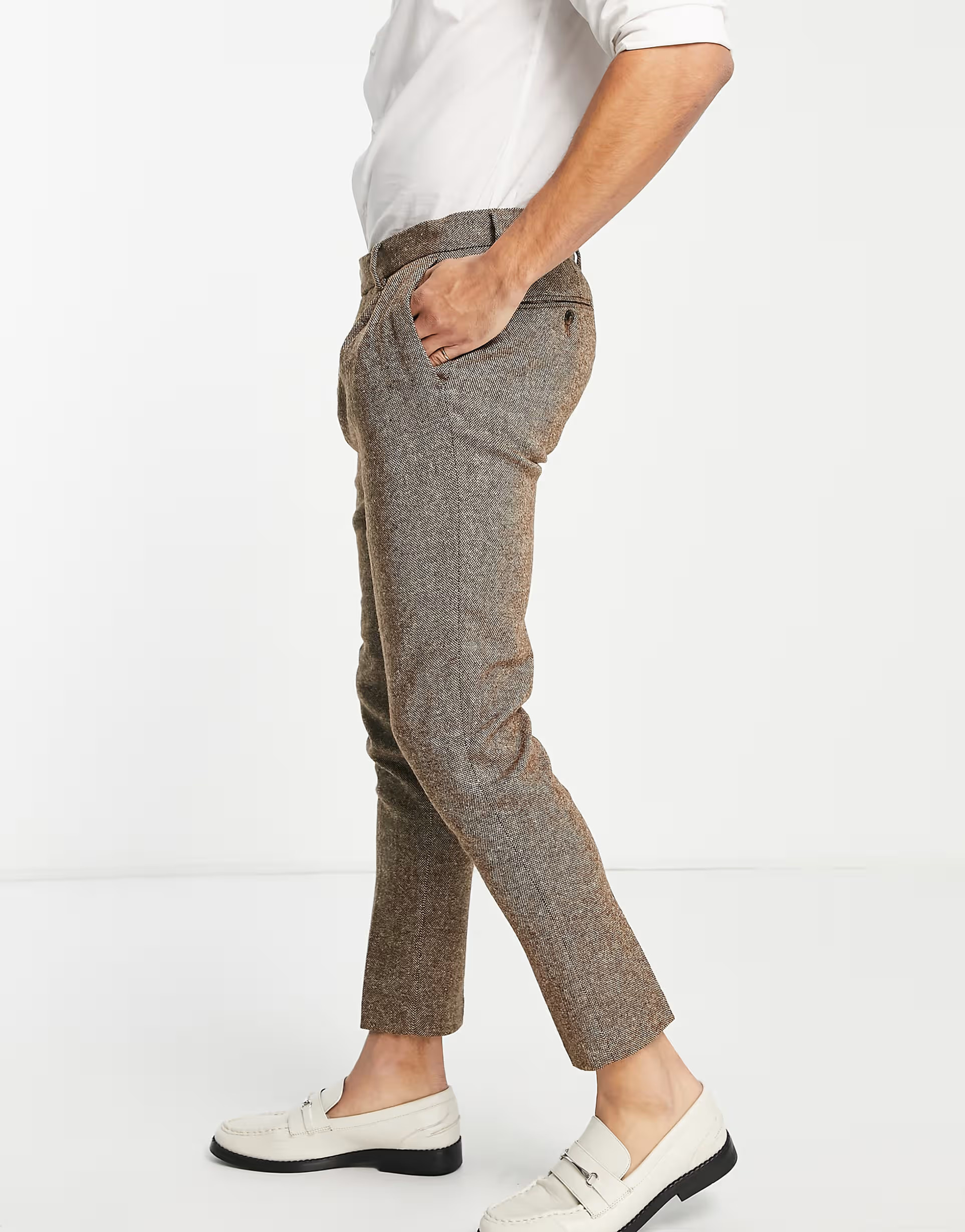 ASOS DESIGN wedding tapered wool mix smart pants in tweed brown | ASOS (Global)