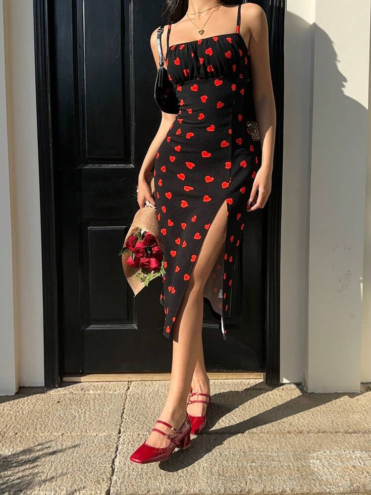 SHEIN EZwear Women Heart Print Midi Dresses Valentine's Day | SHEIN