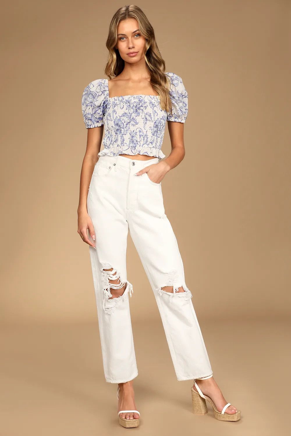 Fresh Favorite White Floral Print Puff Sleeve Crop Top | Lulus (US)