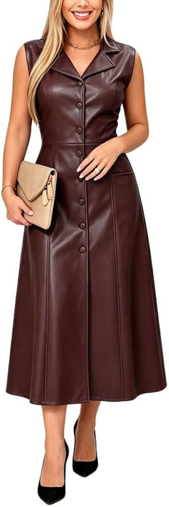 CHARTOU Women's Sleeveless Lapel Faux Leather Midi Dress Front Button Flared Tank Leather Dress w... | Amazon (US)
