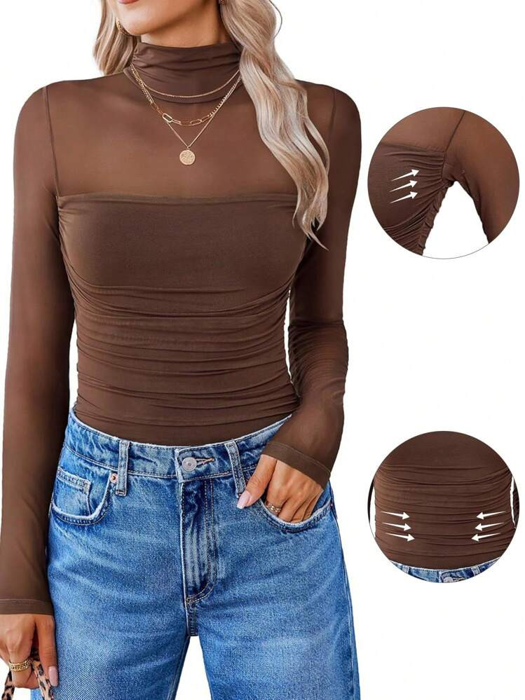 Women's Sexy Mock Turtle Neck Long Sleeve Tops, Sheer Mesh Ruched Going Out Casual Shirt | SHEIN