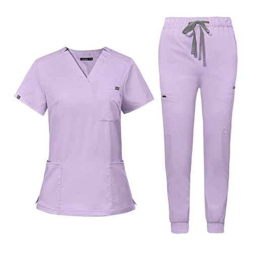 niaahinn Scrub for Women Scrubs Top with Classic V-Neck & Yoga Jogger Pants Medical Nursing Uniform Scrub Set (Lavender, S), Small | Amazon (US)