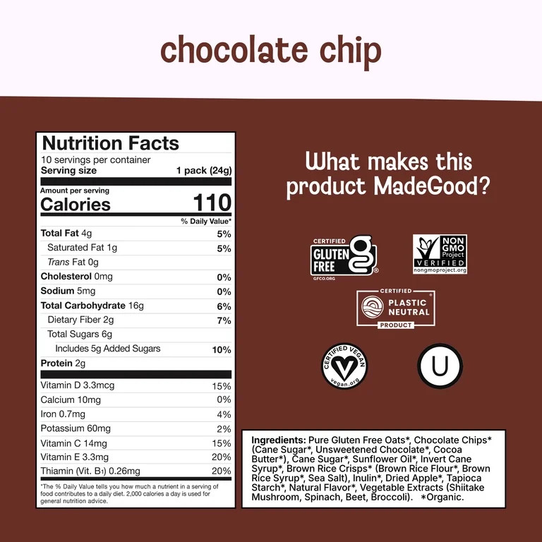 MadeGood Chocolate Chip Granola Bites,  10 Pack Count, 0.85 oz Each | Walmart (US)