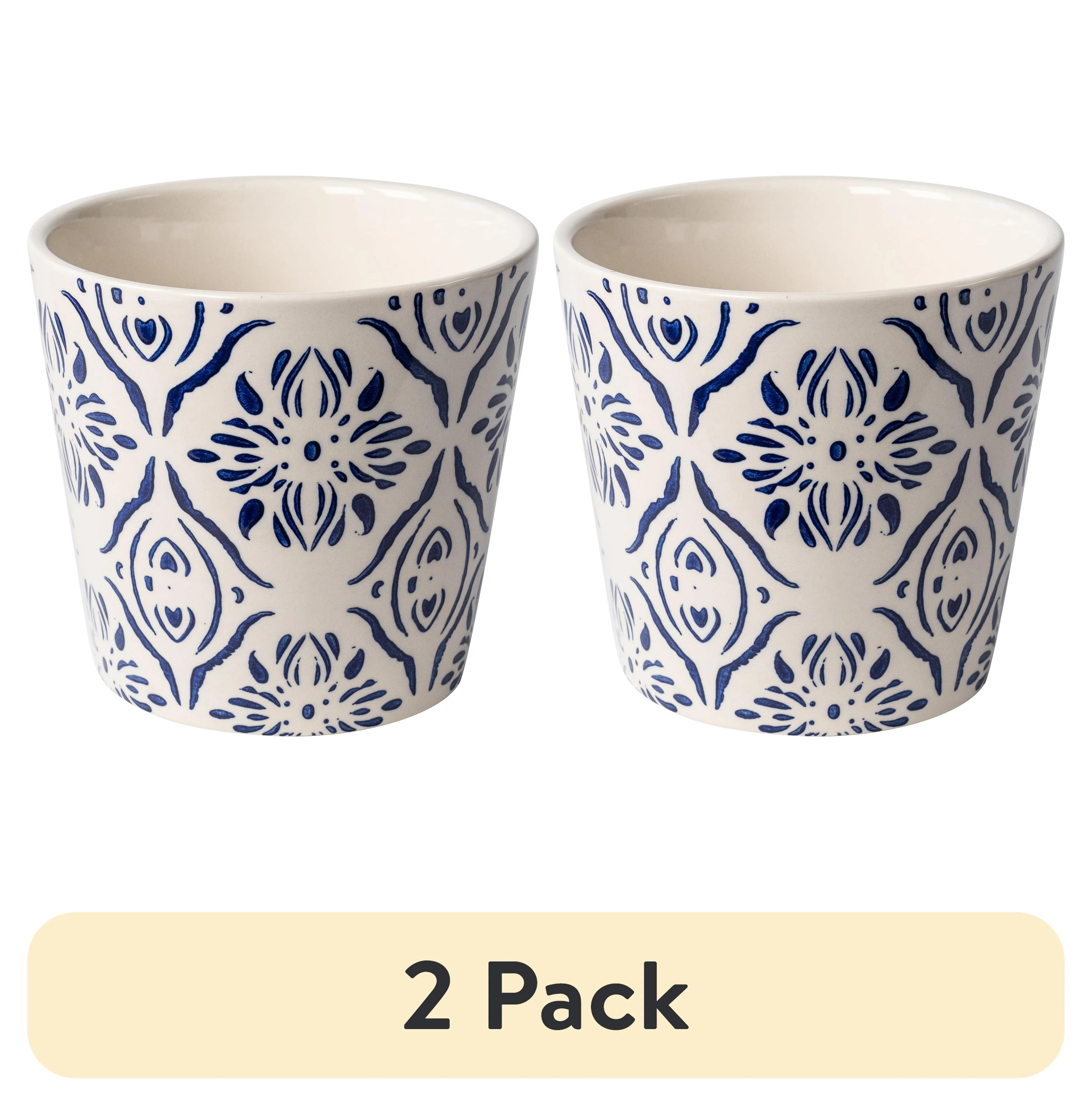 (2 pack) Mainstays 6" x 6" x 5.5" Round Blue Ceramic Medallion Plant Planter | Walmart (US)