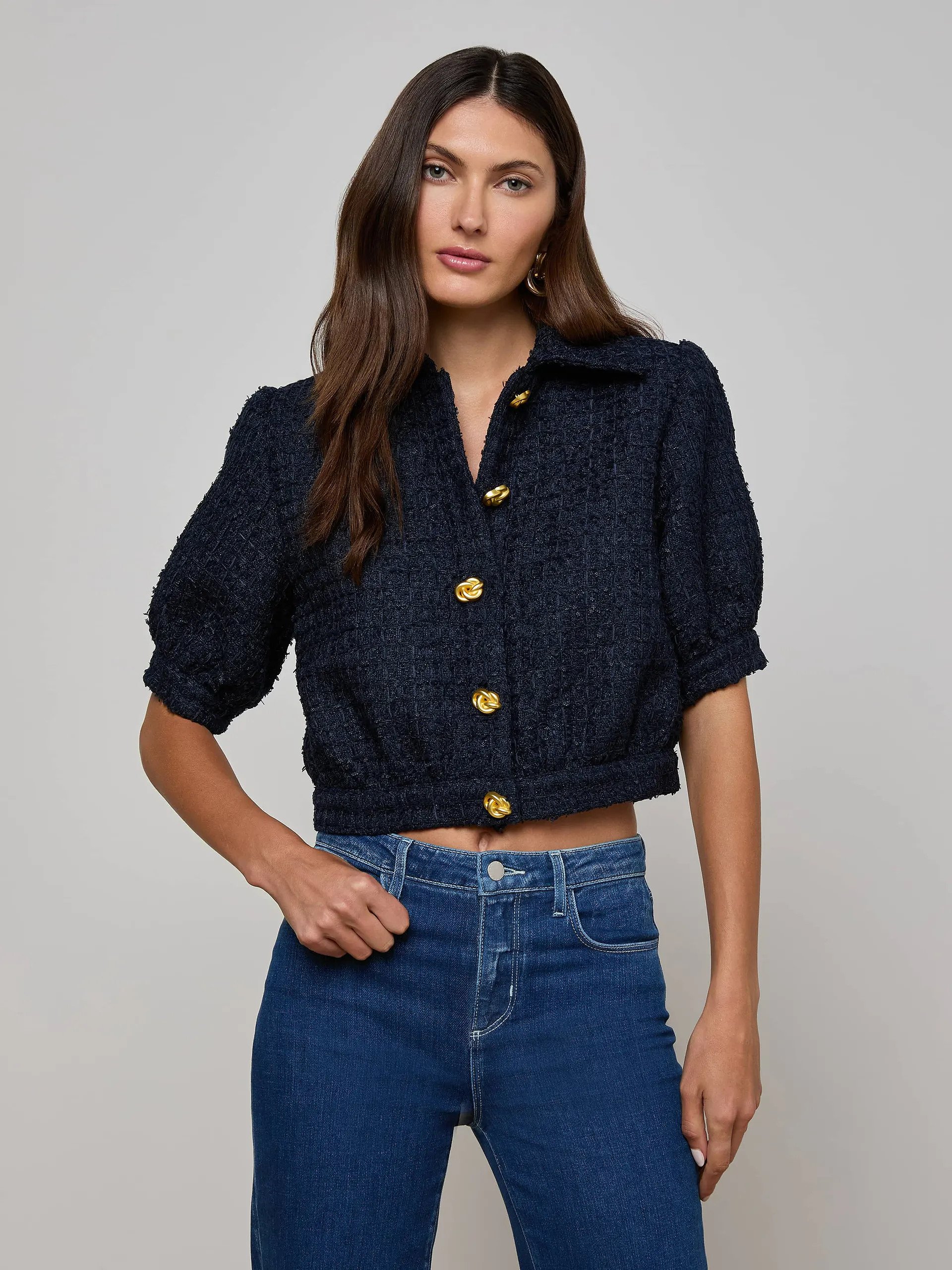 Cove Cropped Tweed Jacket in Midnight | L'AGENCE | L'Agence