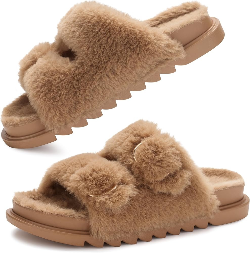 YOLIS Womens Slippers Faux Fur House Slippers for Women Slip on Open Toe Slippers with Arch Suppo... | Amazon (US)