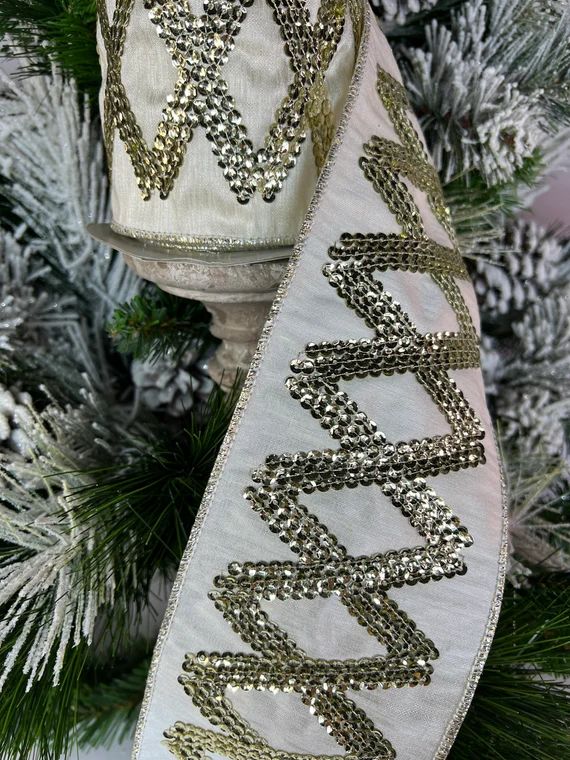 4 inch, 5 yard, designer gold sequins on ivory wired ribbon, designer wired ribbon, christmas wir... | Etsy (US)