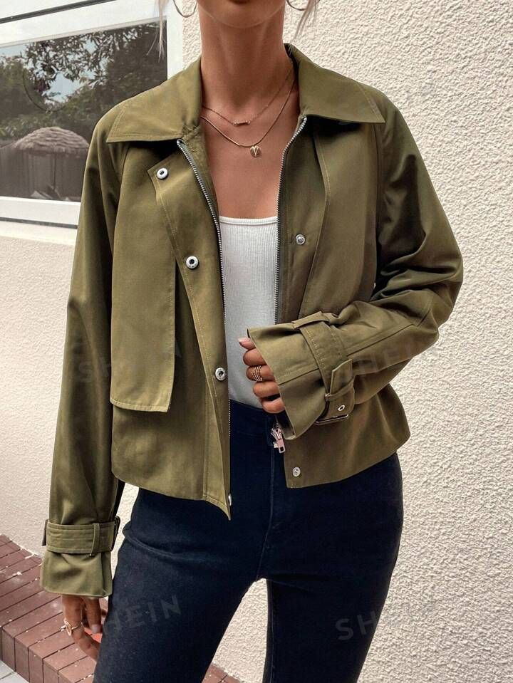 SHEIN LUNE Solid Button Front Buckle Detail Jacket | SHEIN