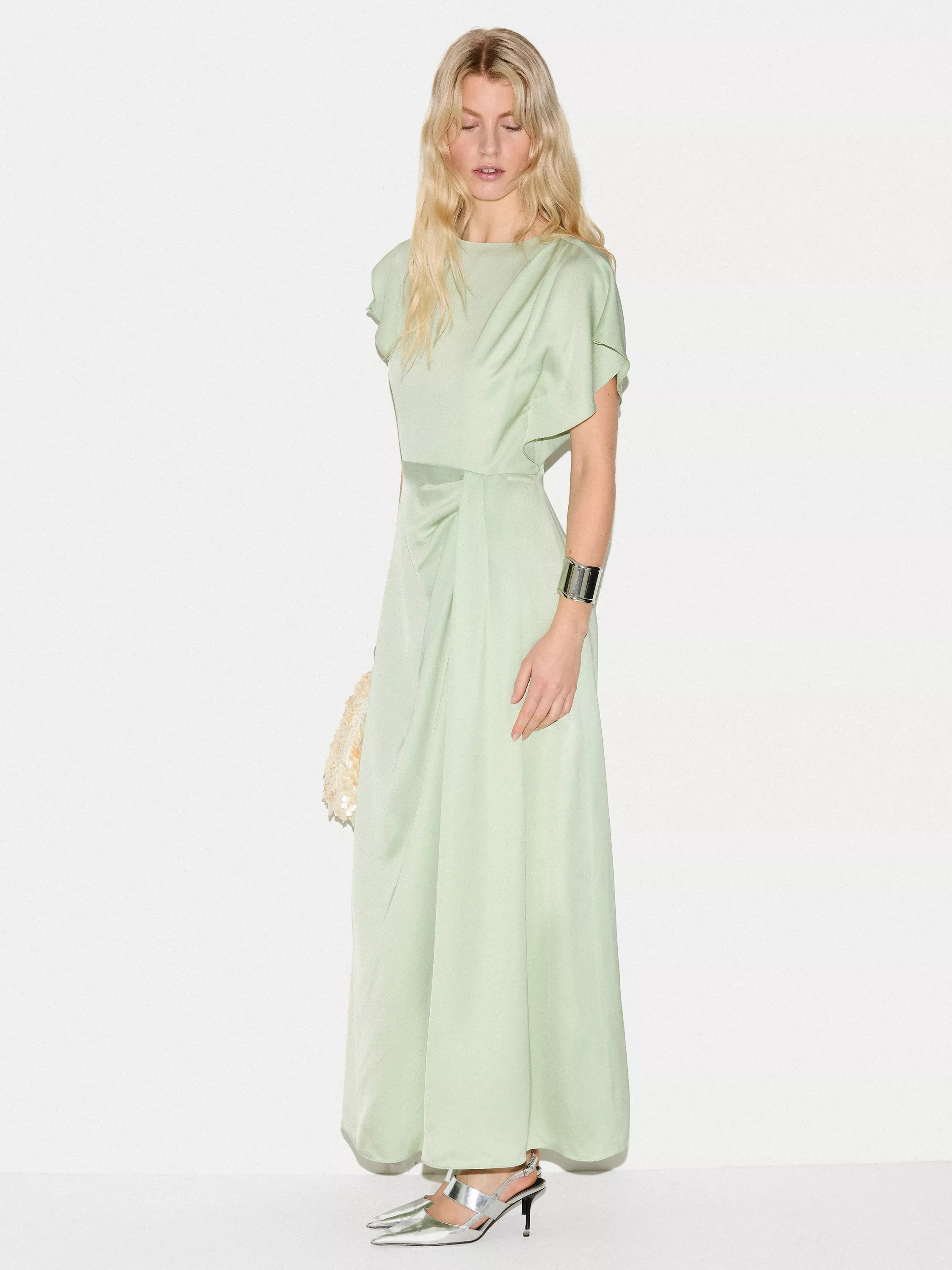Jigsaw Cap Sleeve Satin Maxi Dress, Pale Green | John Lewis (UK)