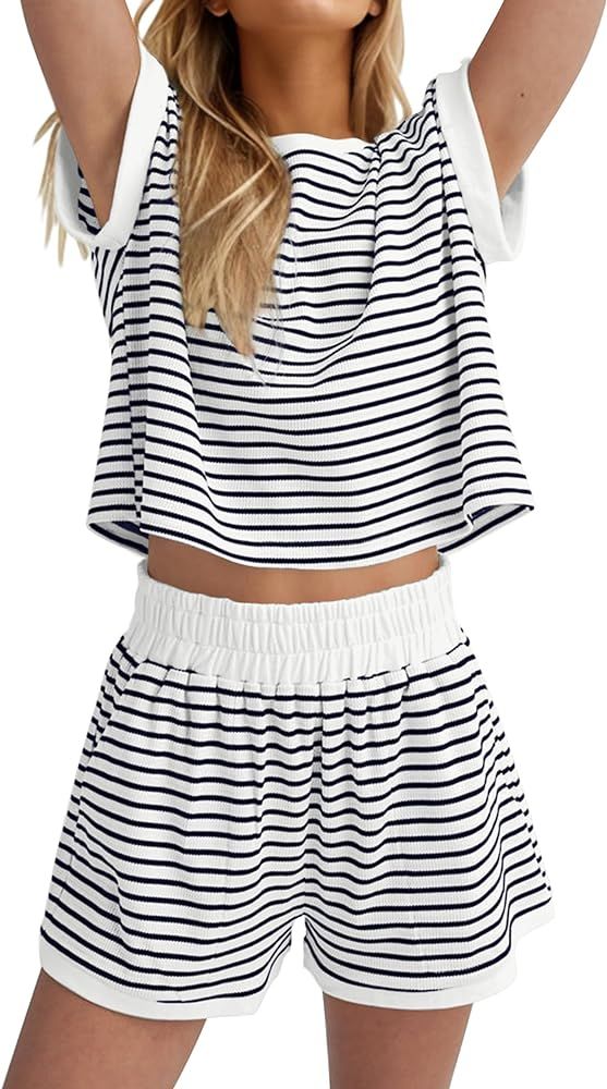 Burtell Women Summer 2 Piece Lounge Sets Striped Short Sleeve Tee Shirts Mini Shorts Loungewear S... | Amazon (US)